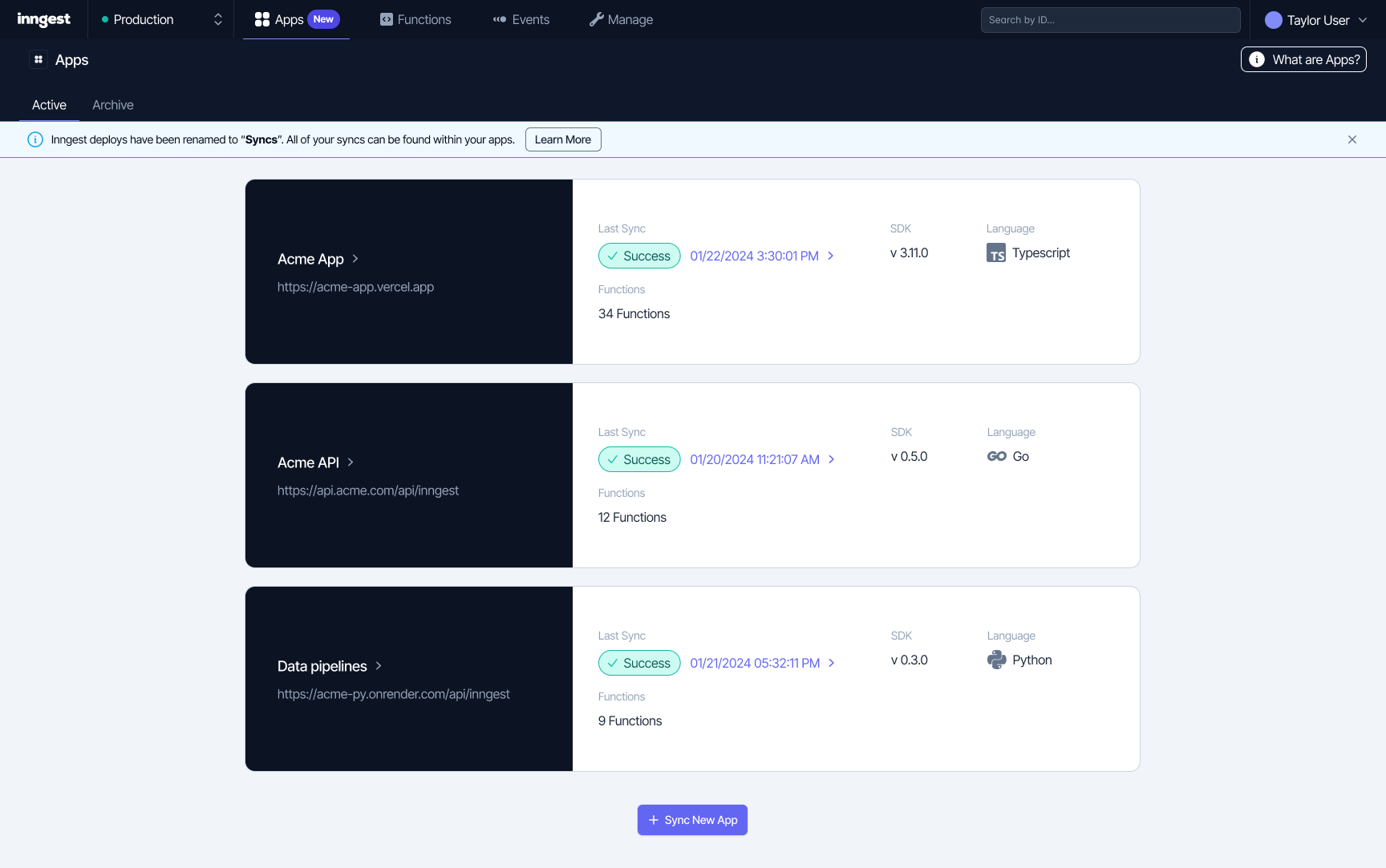 Inngest cloud dashboard Apps page